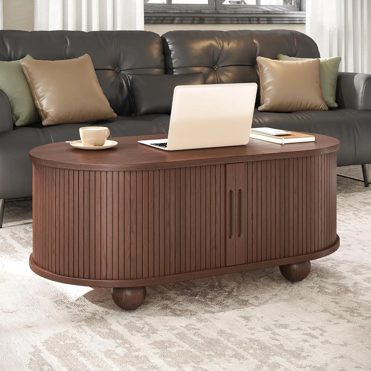 

Coffee Table - Sliding Tambour Doors with Hidden Storage,Dark BrownCenterTable for Living Room/Dining Room/Apartment/Home Office
