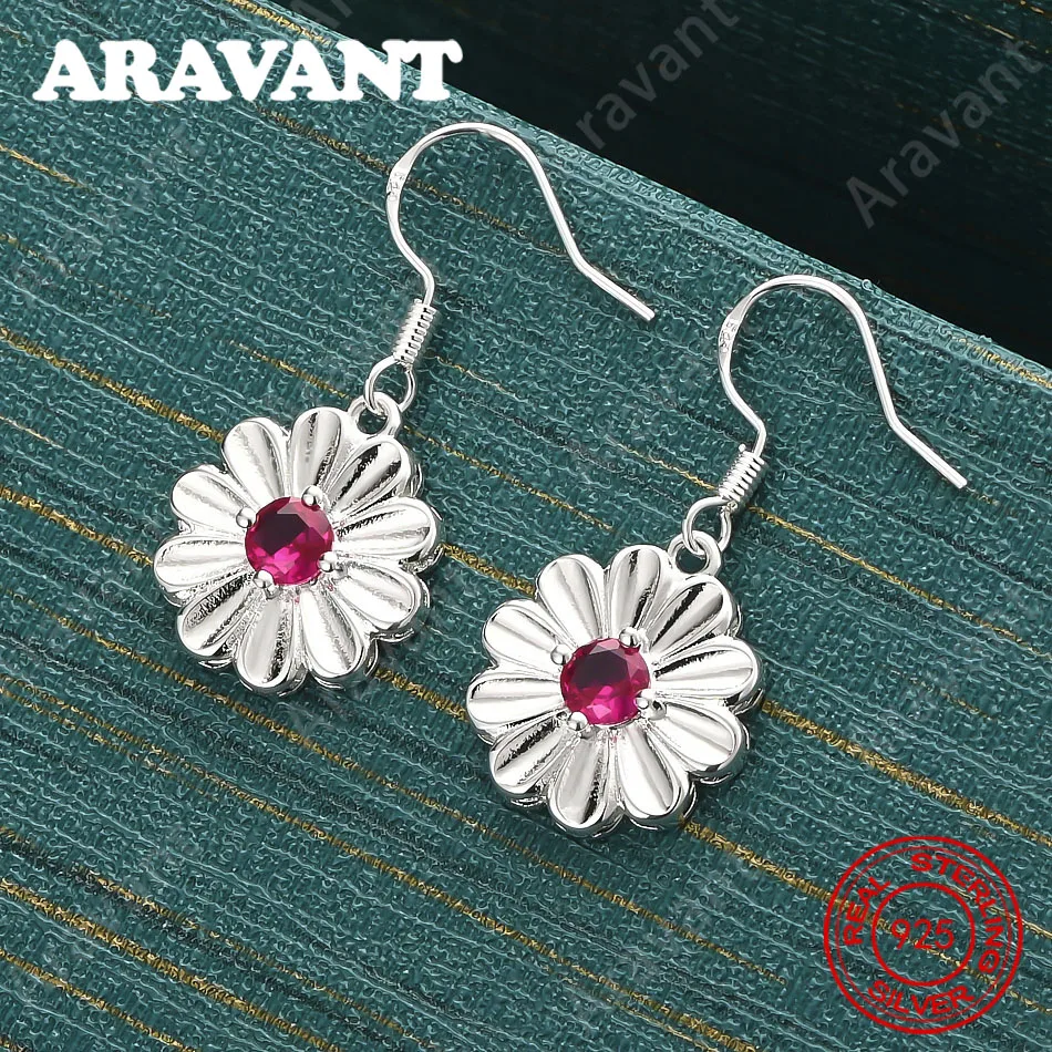 925 Sterling Silver Flower-Shaped Red Zircon Earrings - Unique Gift For Women, Versatile For Events