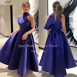 Qanz Purple  Saudi Arabia Short Prom Dresses Satin Bow Elegant Tea Length Vestidos De Fiesta Elegantes Para Mujer Customized