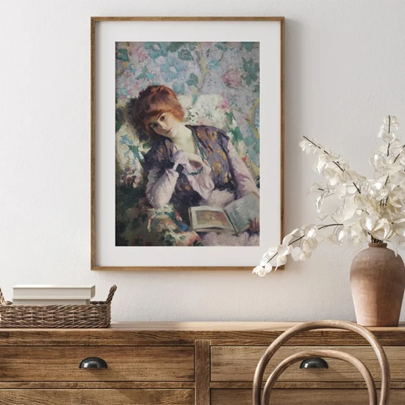 Vintage Woman Reading Interior Scene Oil Painting Canvas Posters Antique Women Portrait Prints Rustic Country Wall Art Decor