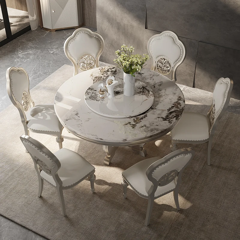 

American marble round dining table with turntable modern light luxury solid wood dining table chair combination