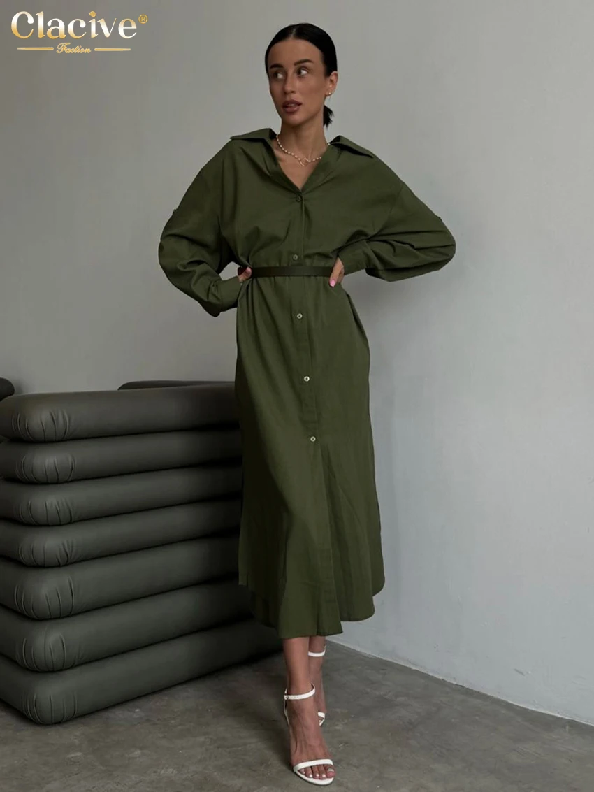 

Clacive Fashion Green Cotton Women's Dress Casual Lapel Long Sleeve Ankle Length Dresses Elegant Single Breasted Female Dress