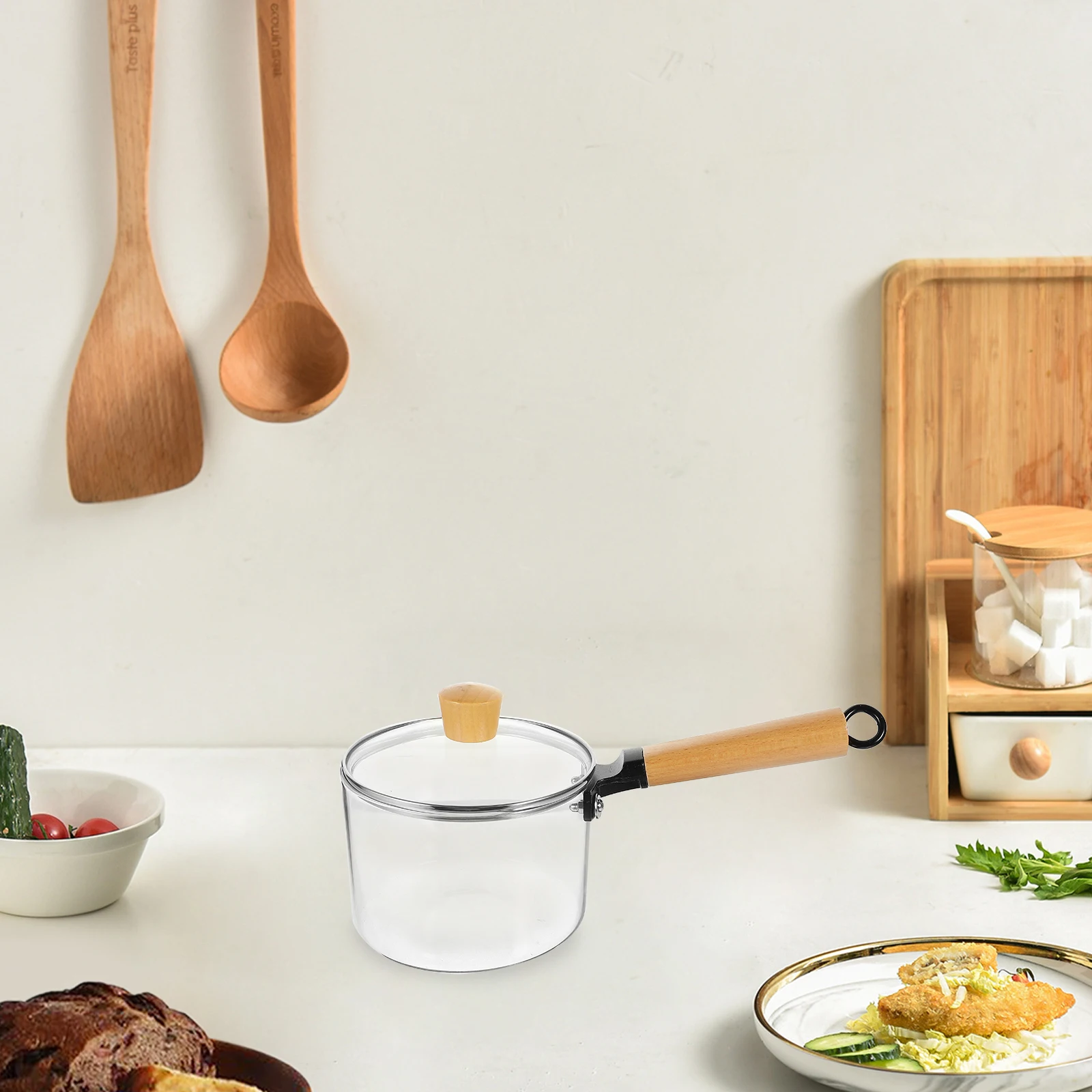 

Clear Glass Pot Milk Pan Kitchen Cookware Wood Handle Transparent Lid Sturdy Stable Design Food Grade Odor Resistant