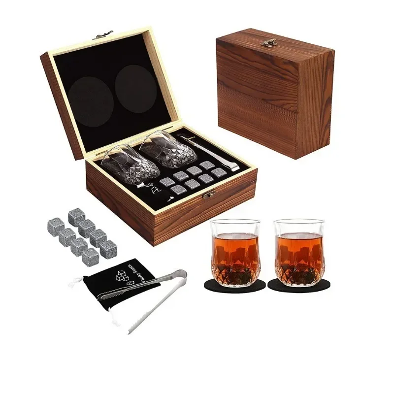 Whiskey Glasses Luxury Set Reusable Ice Cubes Stone for Whisky Scotch Rock Whiskey Wooden Men Gift Set Bar Accessories Home Bar