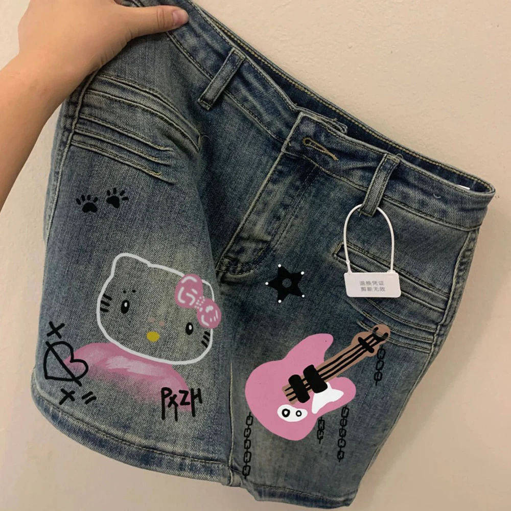 

Anime Hot Girls Sexy Cartoon Denim Skirt Sanrios Hello Kitty Kawaii Summer Retro Large Size Half Length Skirt Cute A-Line Skirt