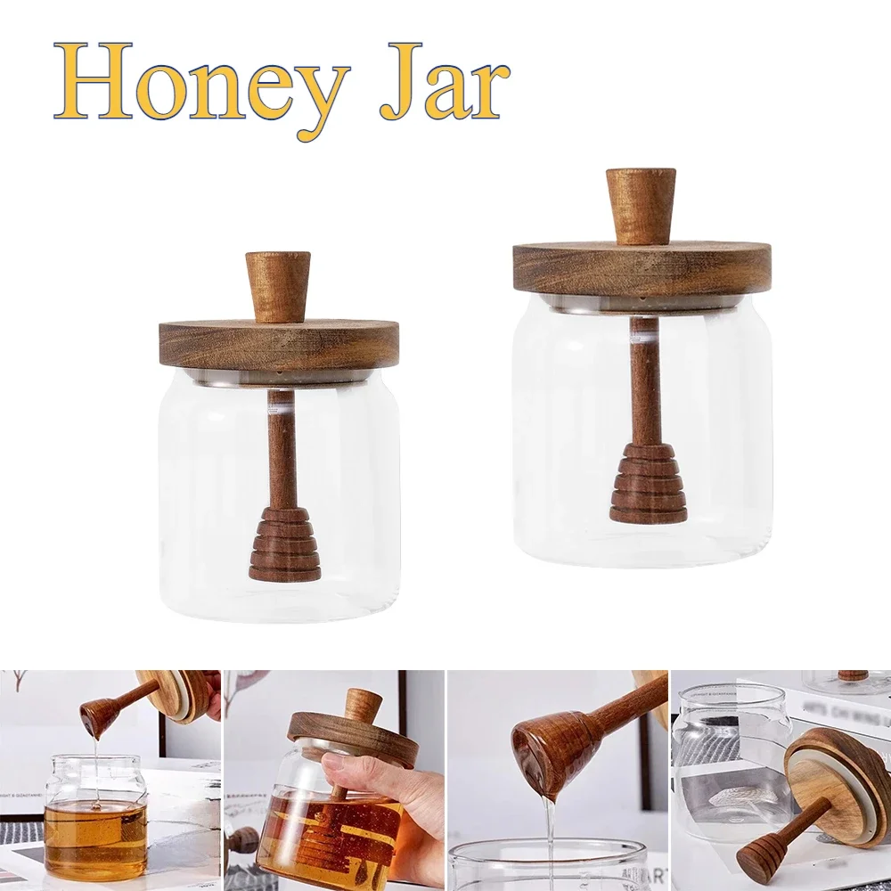 Transparent High Borosilicate Glass Sealed Tank Honey Jar with Wooden Lid Mixing Rod Wood Dip Sticks Honey Sealed Storage Tool