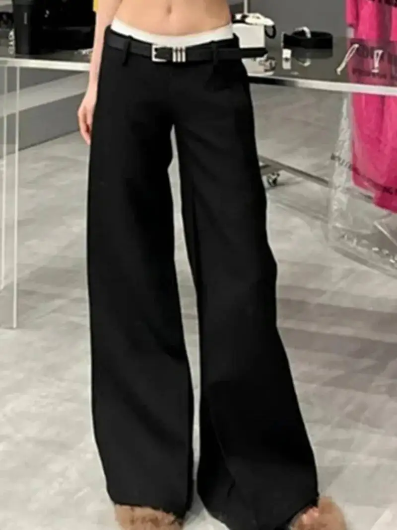 

Новые осенние повседневные универсальные брюки с V-образным низким поясом 2026 года, женские, в европейском/американском стиле, однотонные, свободные, широкие штанины XJPY