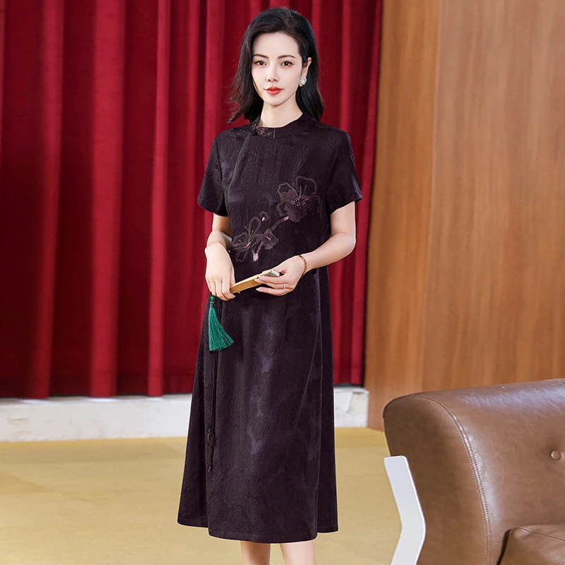100% Heavyweight Mulberry Silk Dress Women's Summer New Chinese Style Plus Size Slim Fit Short Sleeve Loose Midi Dress
