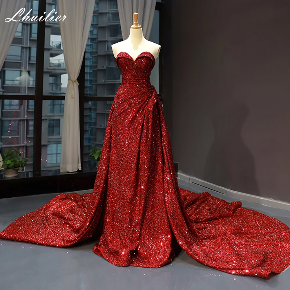 

Lhuilier Strapless Mermaid Sequined Evening Dresses Floor Length Sleeveless Pleated Formal Gowns with Detachable Train