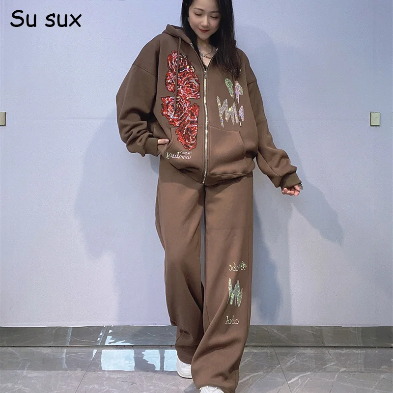 

Утолщенные флисовые зимние толстовки на молнии 2025 года, комплекты больших брюк, женские повседневные толстовки из 2 предметов с блестками и цветами, одинаковые комплекты