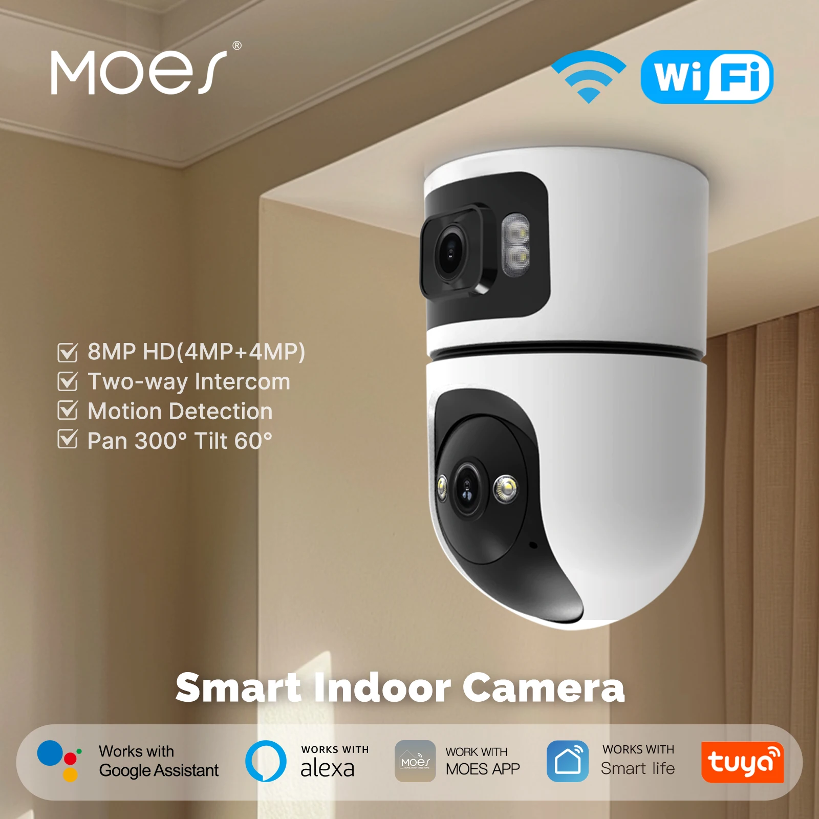 Moes Tuya WiFi Smart Indoor Camera 8MP Dual Screen Lens Motion Detection Auto Track Two-Way Audio 2.4G/5G Infrared Night Vision