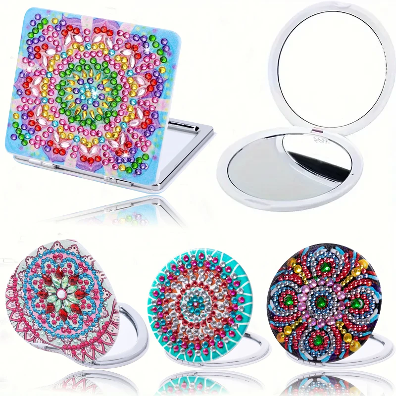 

1 набор алмазной живописи «сделай сам», зеркало для макияжа с рисунком мандалы, портативное двустороннее складное дорожное зеркало для женщин.