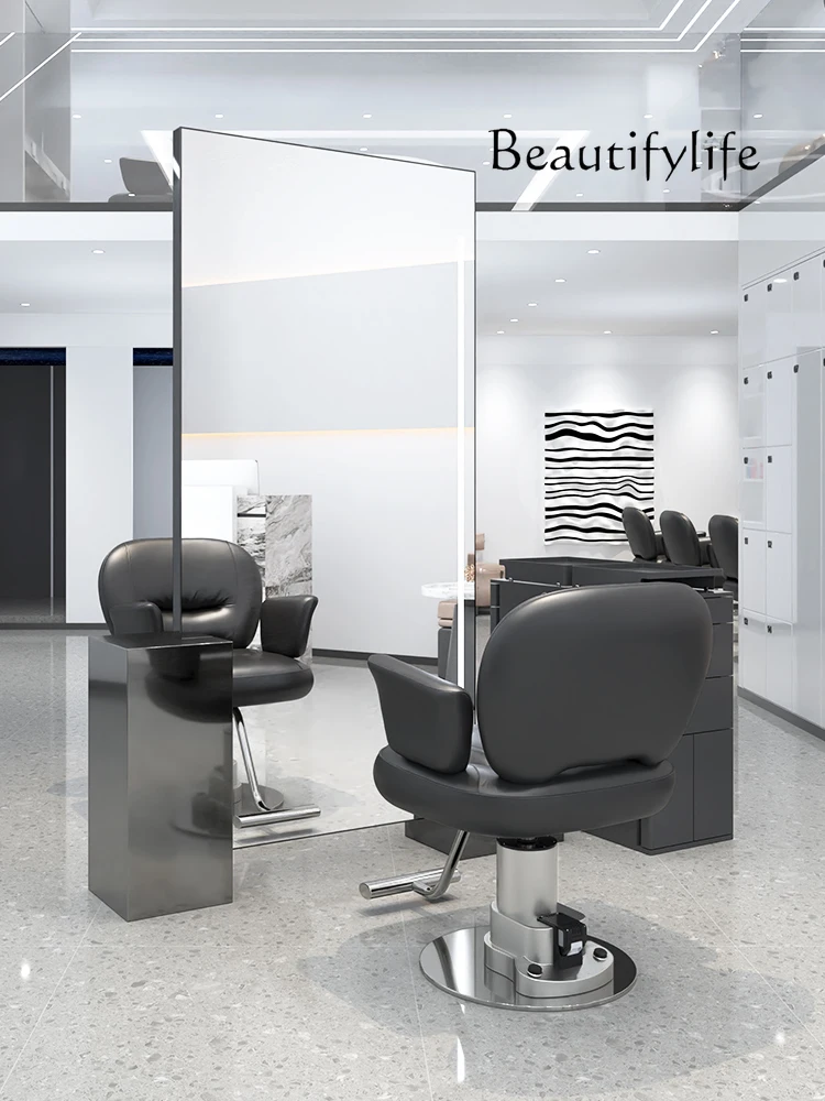 Hot Dyeing Barber Shop for Hair Salon Mirror with Light Double-Sided High-End Floor Dressing Table Cabinet Integrated