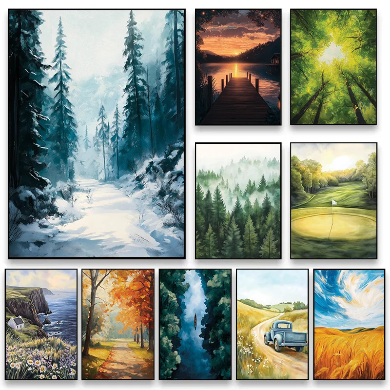 Tableaux sur toile Paysage Quatre Saisons Ferme Jardin Rivière Tranquille Canoë Pointe de Montagne, Décoration Murale pour la Maison