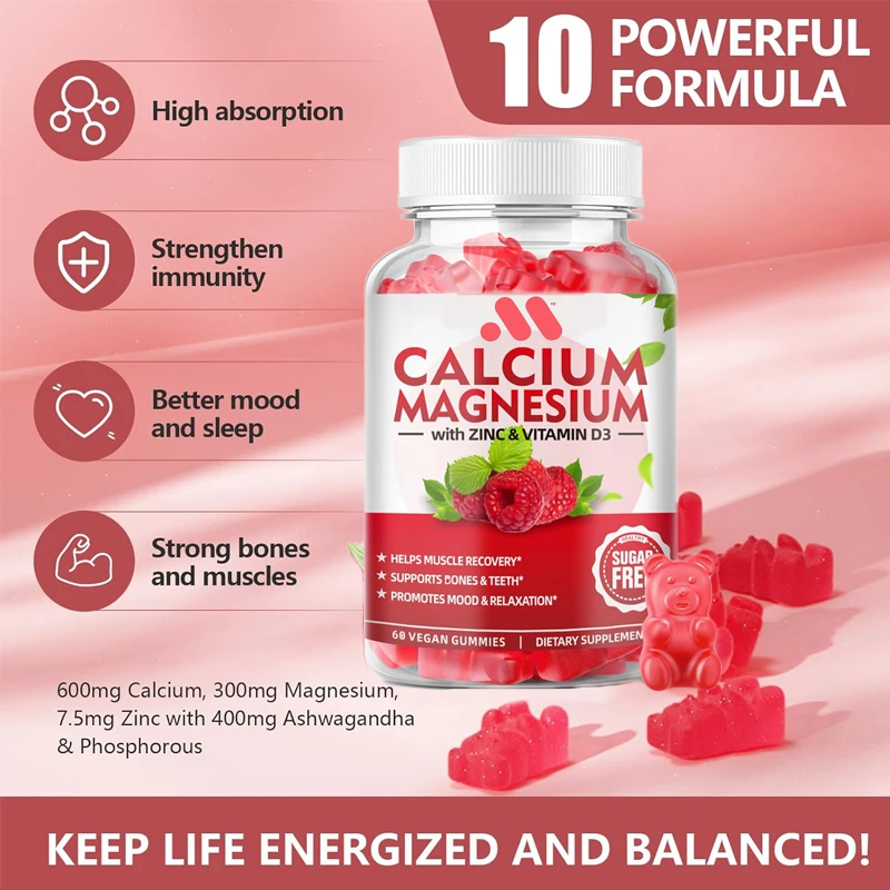 

Calcium, magnesium, zinc, and vitamin D3 are used for bone, muscle, and immune health. 60 Raspberry flavored gummies