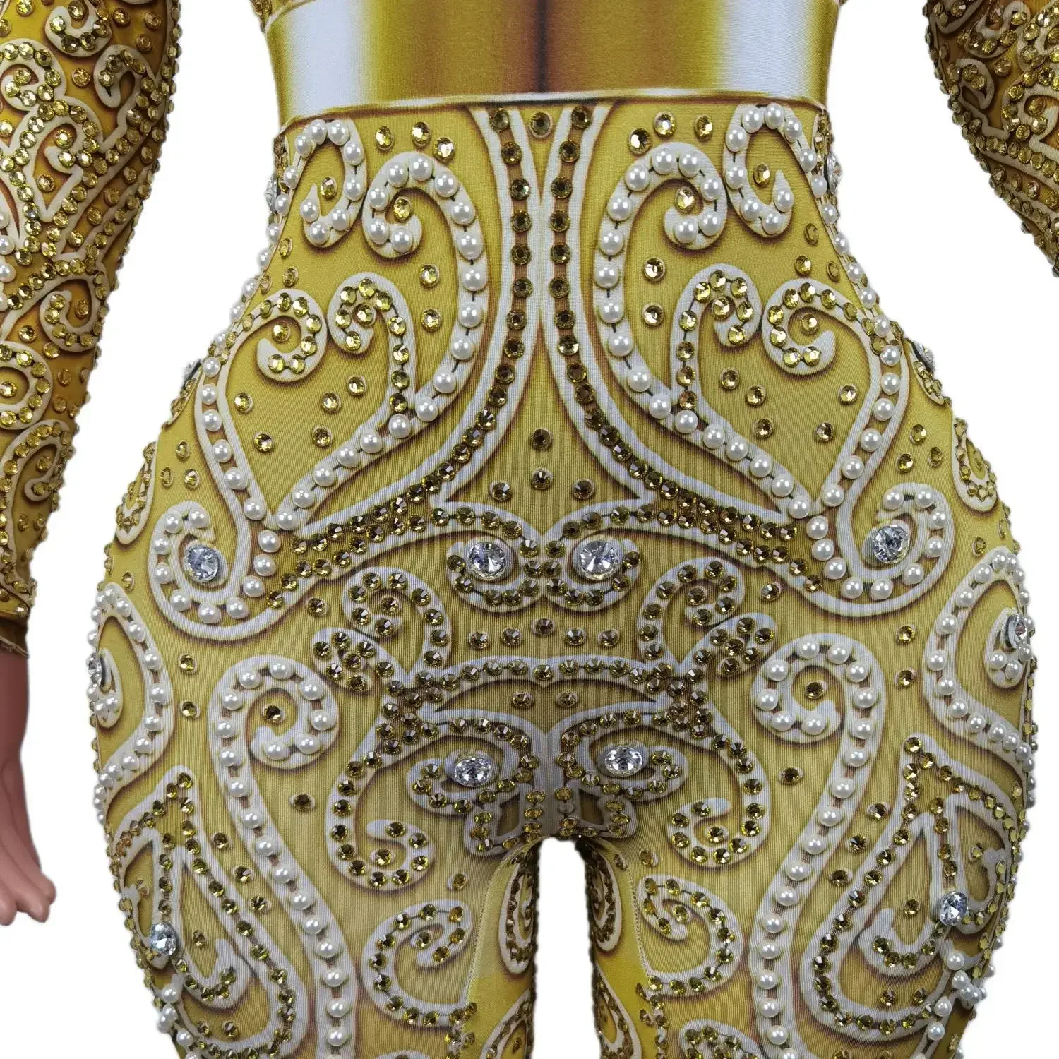 Rhinestones Gold Pearl Jumpsuit Long Sleeve Birthday Party Outfit Dancer Singer Show Rompers Stage Wear Event showgirl outfit