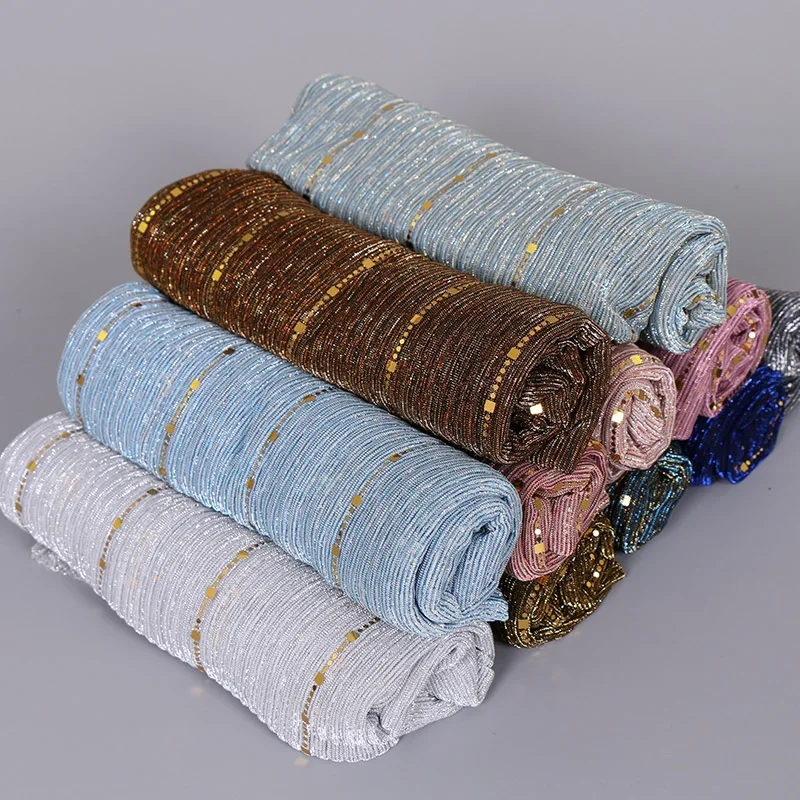 

Fashion Glitter Paillette Lurex Polyester Hijab Scarf For Woman Solid Color Wrinkle Shawl Shiny Party Stoles Headband 180*65cm