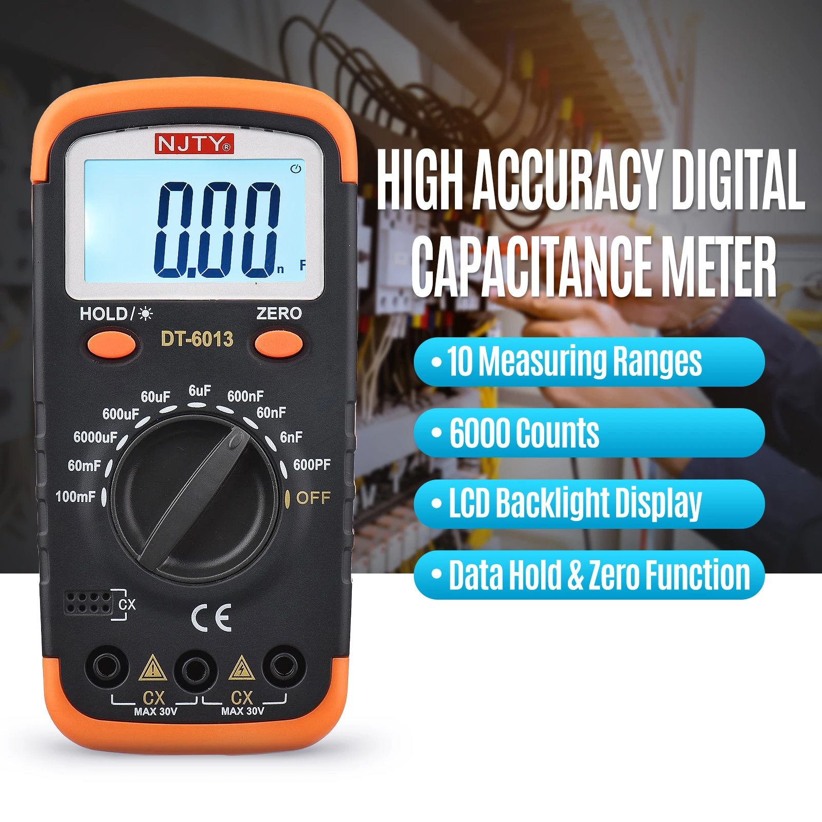 NJTY Digital Capacitance Meter with LCD 600pF to 100mF High Accuracy 6000 Counts Capacitor Tester Kit with Crocodile Clips