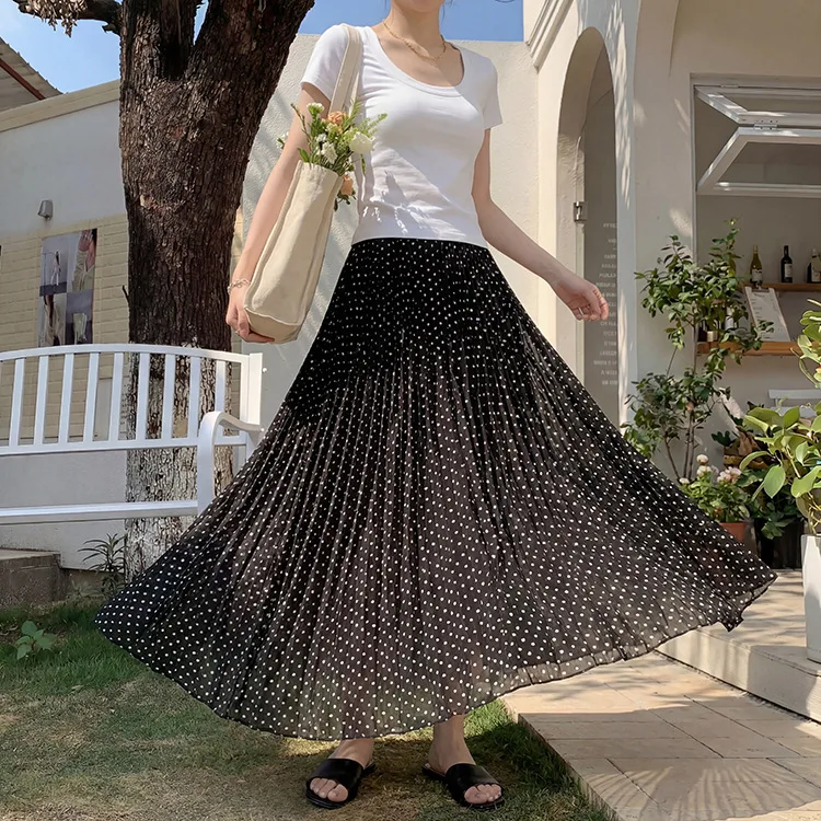 Soft Korean White Polka Dot Pleated A-line Skirt High Waist Flared Chiffon Midi Skirt Cute Casual Feminine Daily Summer Outfits