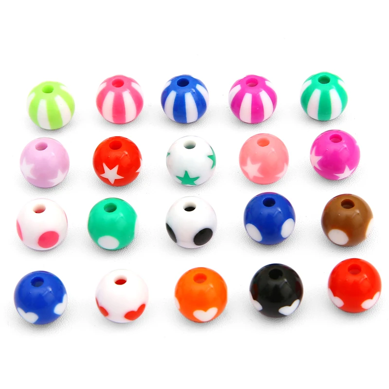 10pcs 12mm Random Mixed Dot Stripe Heart Star Pattern Round Ball Acrylic Beads for Necklace Bracelet DIY Jewelry Craft Making