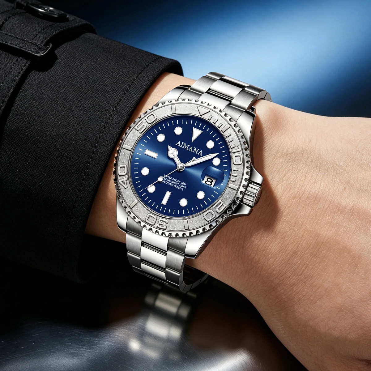 AIMANA Men Dive Quartz Watch Blue Dial Luminous Hand Date Calendar 30M Waterproof Sports Wristwatch Stainless Steel Strap Busine