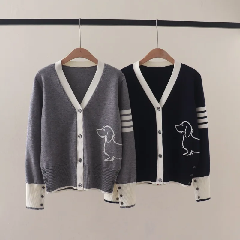 Autumn and Winter NewtbStriped Four-Bar Preppy Style Side Dog JacquardVCollar Long Sleeve Knitted Cardigan Sweater Coat