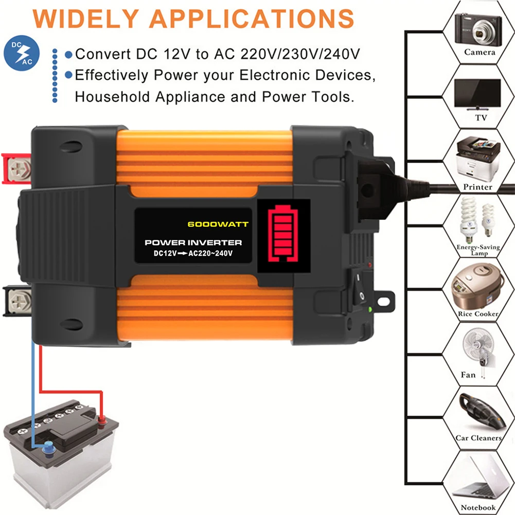 118 characters 6000W Car Power Inverter 12V to AC 220V Transformer Converter with LED Green&Red Work Lights and USB Ports