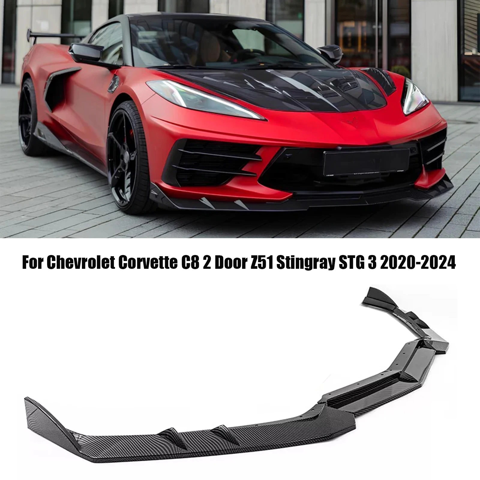 Para Chevrolet Corvette C8 2 puertas Z51 Stingray STG 3 2020-2024 negro brillante parachoques delantero del coche alerón divisor con apariencia de carbono