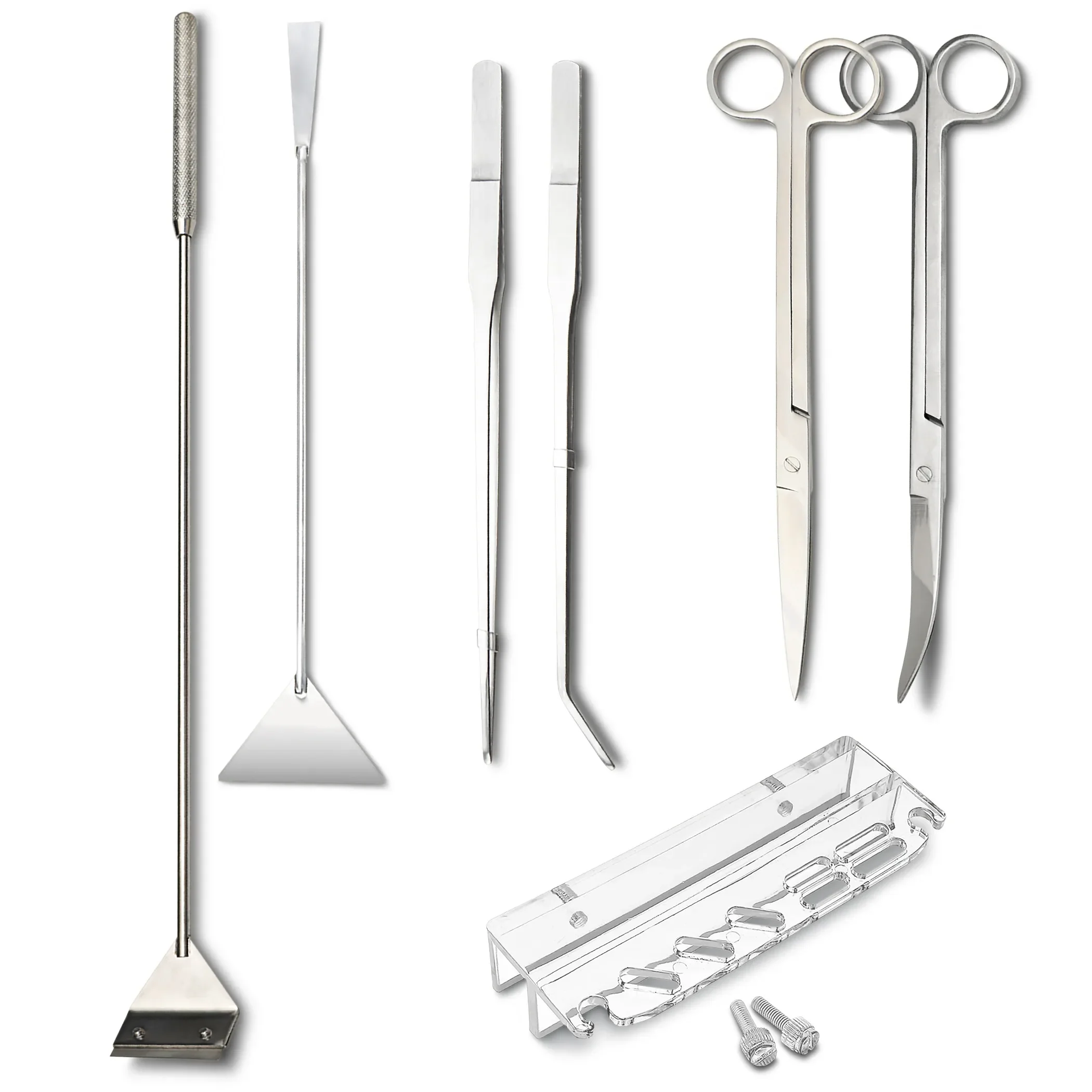 7in1 Aquascaping Tools Kit Set - Straight Curved Tweezer, Straight Curved Scissor, Spatula, Storage Rack, Algae Scraper