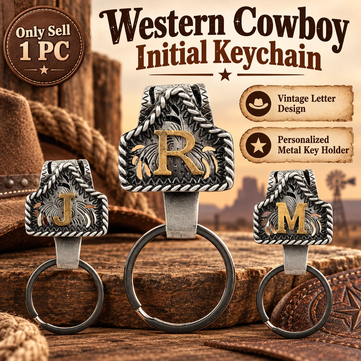 1 Pc Western Cowboy Initial Keychain, Vintage Style A-Z Letter Metal Key Chain Clip, Personalized Alphabet Key Holder