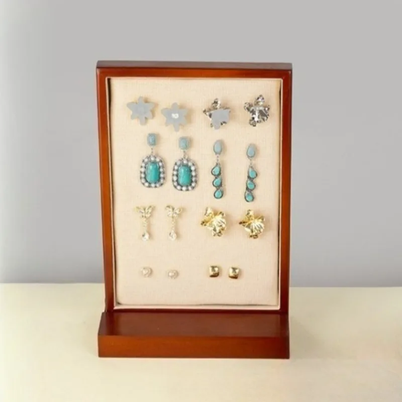 Wooden Earring Display Frame with Base Desktop Jewelry Showcase Board Walnut Color Necklace Stand Jewelry Storage Organizers