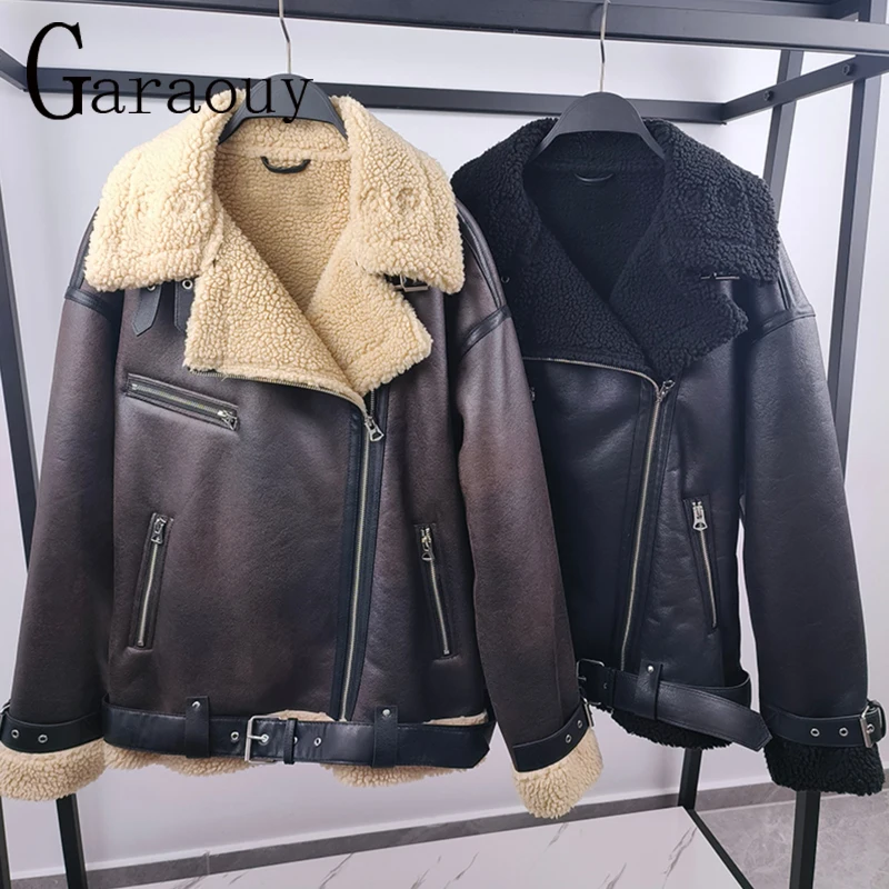 Garaouy 2023 Winter Women Faux Leather Lambswool Lapel Zip Motorcycle Jacket Female Oversized Casual Thick Warm Pu Coat Outwear