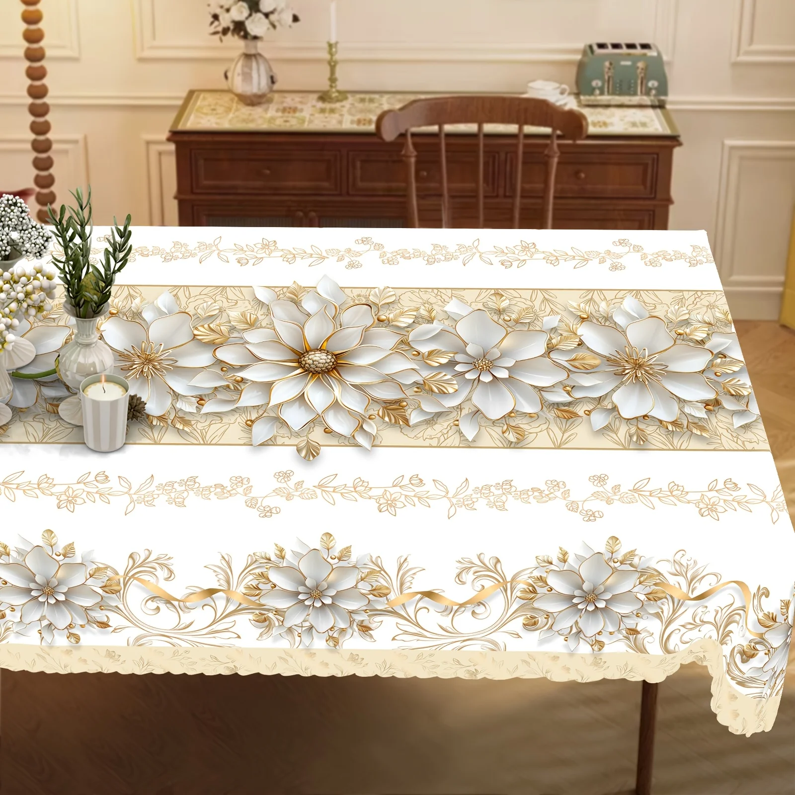 One elegant white and gold floral tablecloth, with a retro and luxurious style.