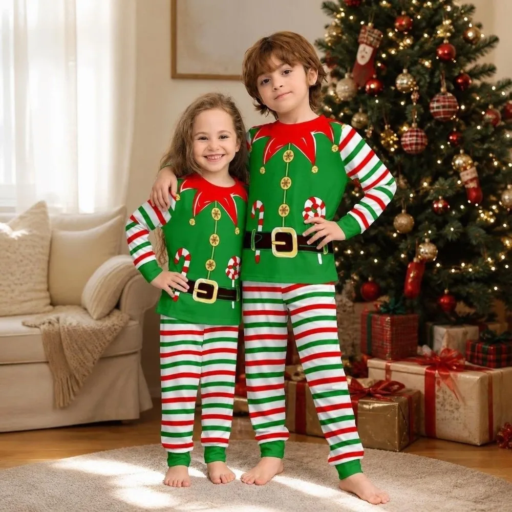 New Long Sleeve Christmas Pyjamas Set Elf Striped Top+Pants Clown Printed Costume Family Matching Pyjamas Men Women