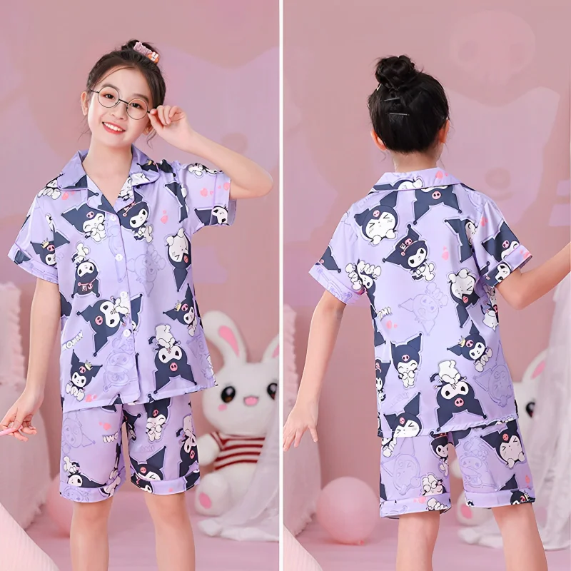 

Anime Kawaii Sanrio Kuromi Pajama Set Cinnamoroll MyMelody Girl Children Summer Cartoon Lapel Short Sleeve Ice Silk Home Clothes