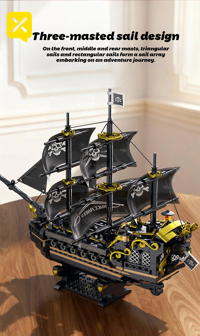 Schwarzes Segel Piratenschiff Bausteine 3-Masted Segelboot Ziegel Erwachsene Sammlerstück DIY Montage Modell Display Dekoration Spielzeug Geschenk – Detail 4