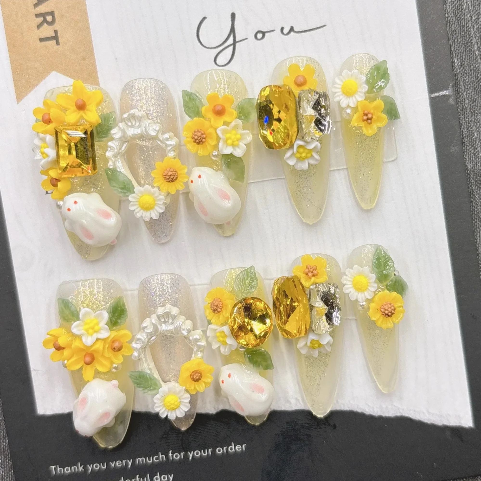 

2026Spring Cute Press on Nails White Rabbit Yellow Flower Gold Gem Glitter Nail Art Flexible Comfortable Durable for Women Girls