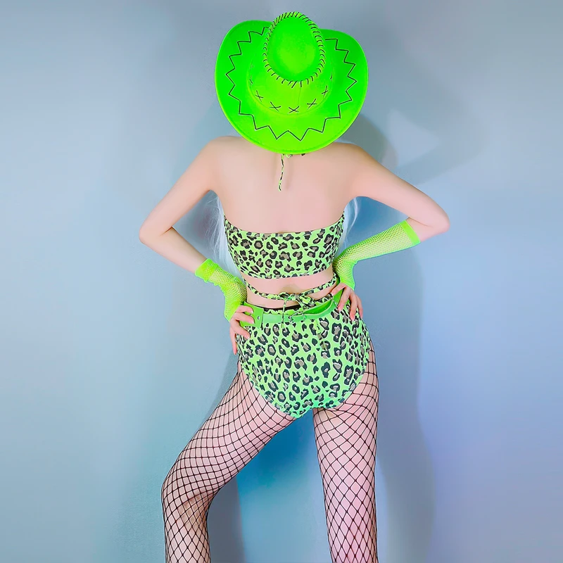 Green Leopard Gogo Dance Costume Female Jazz Dancewear Nightclub Dancing Clothes Rave Outfit Girls Gruop Dance Wear YS3690