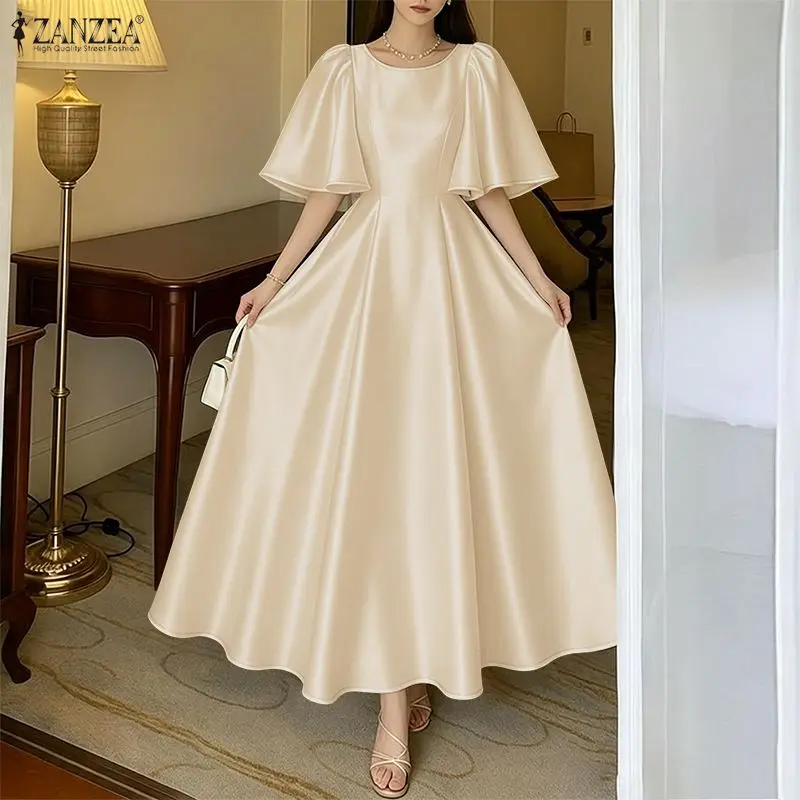 Stilvolles Partykleid 2026 ZANZEA Sommer-Sonnenkleid für Damen mit kurzen Blütenblattärmeln, einfarbiges elegantes Satin-Maxikleid, A-Linien-Kleider