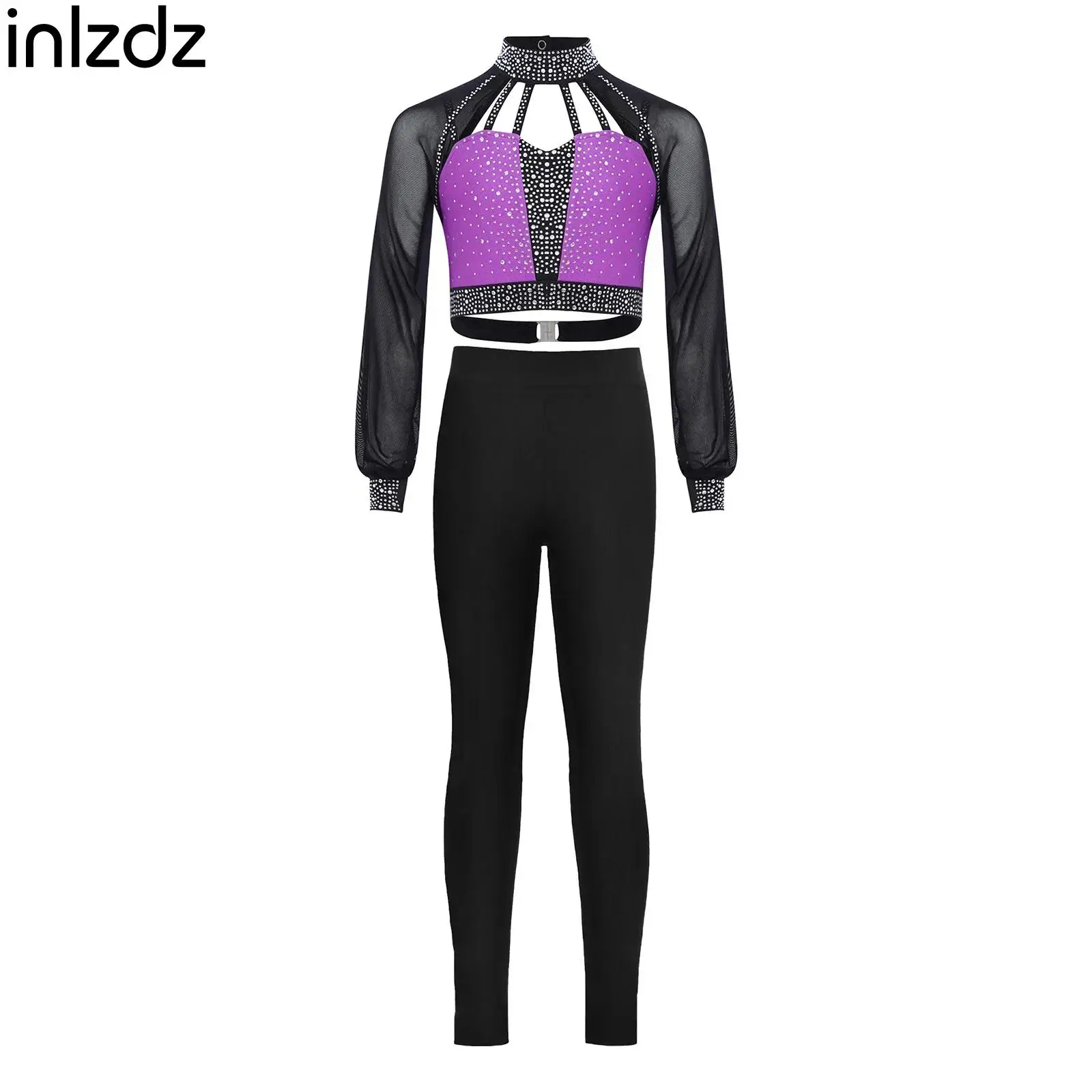 

Kids Girls Ballet Dance Gymnastics Outfit Figure Skating Dance Performance Set Long Sleeves Rhinestones Crop Top+Leggings Set
