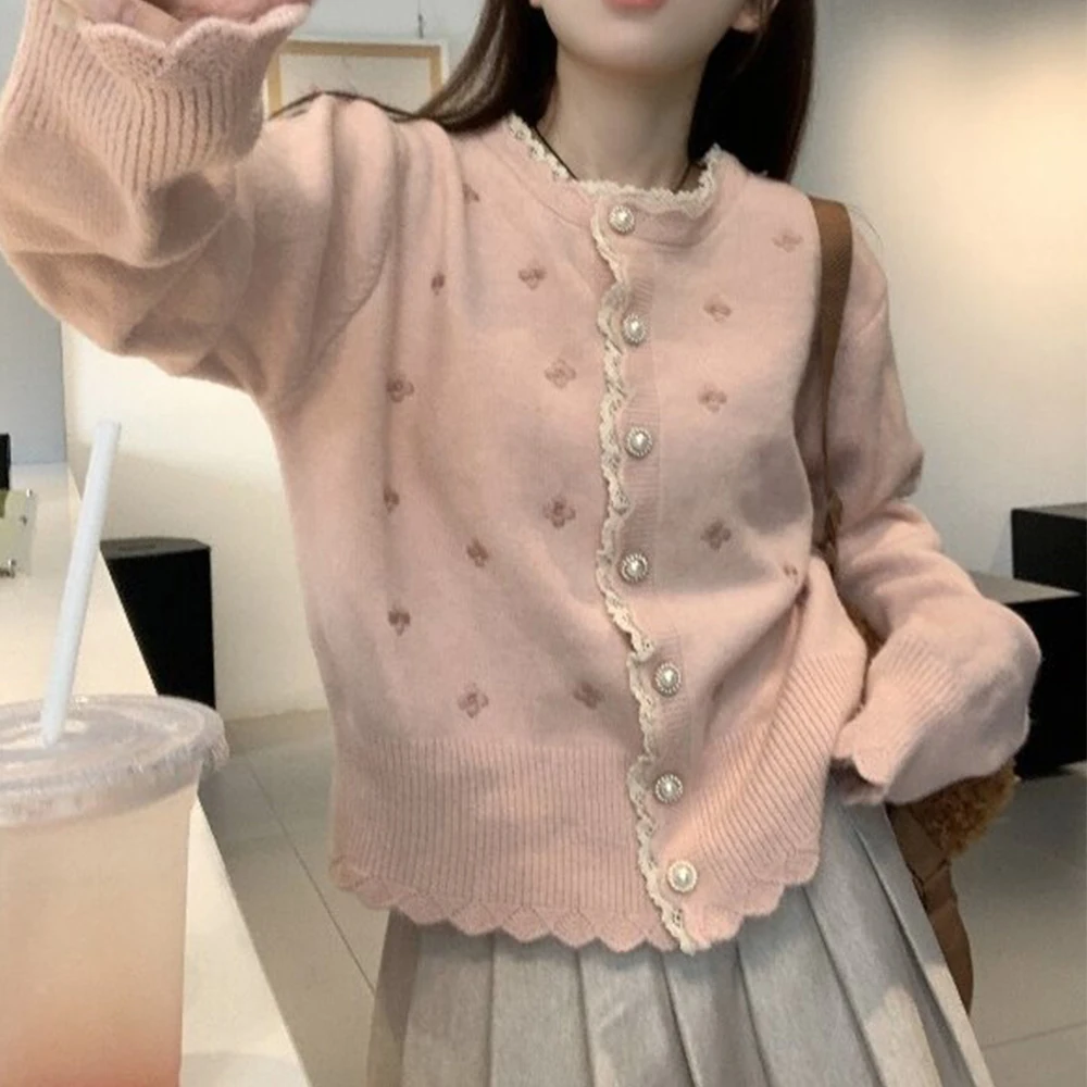 Korean Fashion Women Sweaters Lace O-neck One Breasted Embroidery Floral Long Sleeve Knitting Coat Female Fall Winter Cardigan