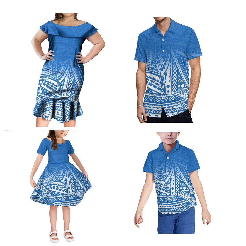 Family Photo Parent-Child Outfit For A Family Of Four In Summer Comfortable Soft Fabric Polynesian Tribal Ethnic Print Design