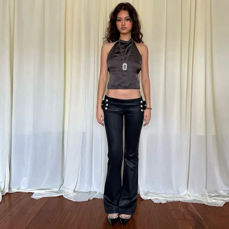 Women Fashion Pearls Metal Buckles Black Flare Pants Sexy Low Waist Booty Lifting Slim Fit Boot Cut Trousers Casual Streetwear