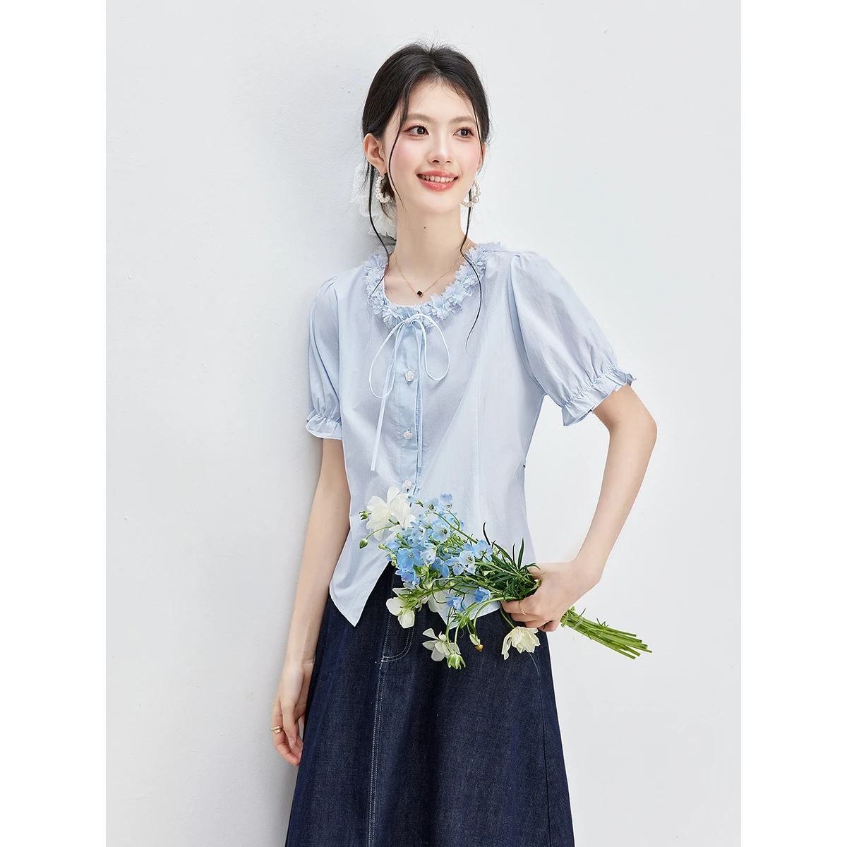 VIMLY Elegant Blue Lace Trim Tie Neck Cotton Shirt Women 2026 Summer New Rose Button Casual Puff Short Sleeve Blouse 31209 view 2