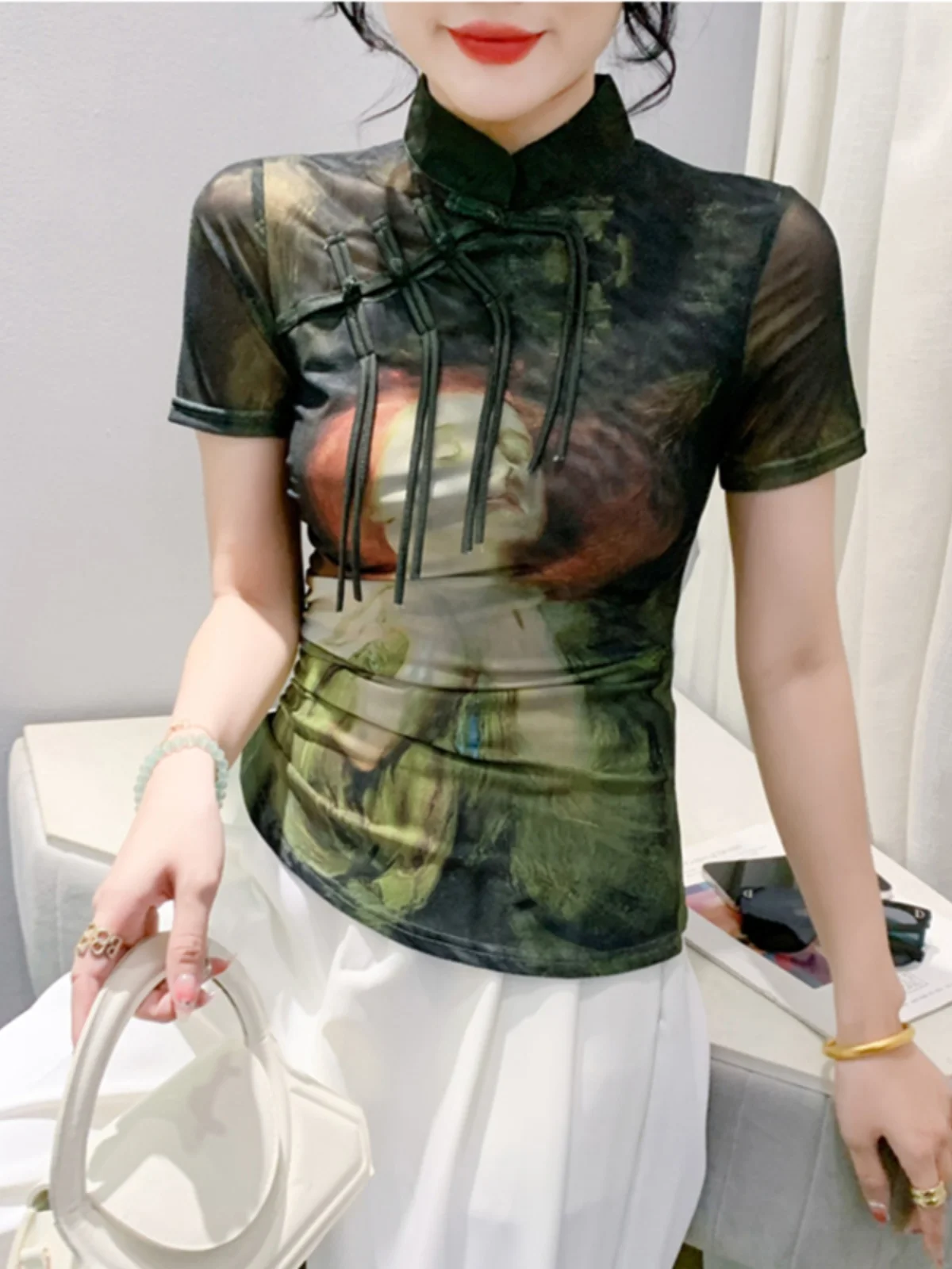 Retro chinesisches Sle T-Shirt mit Knopfdesign ort Sve Stehkragen Schöner Druck Sexy Me Top Sommer Pendeln Sle