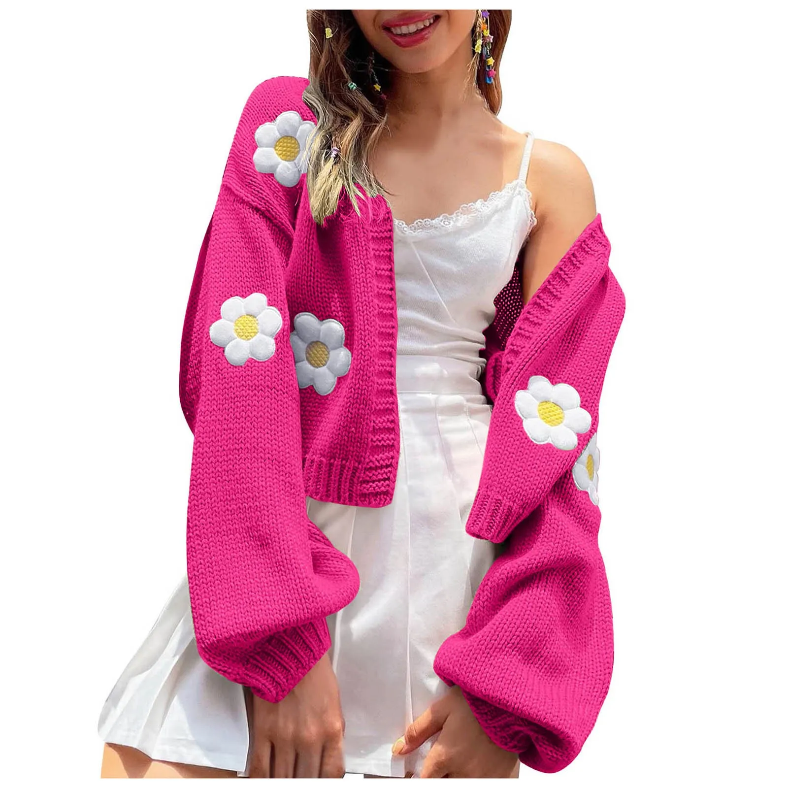 Autumn Knitted Cardigan Flower Embroidery Women Sweater Flower Sweater Cardigan Lantern Sleeve Fashion Jumper Coats Outerwear