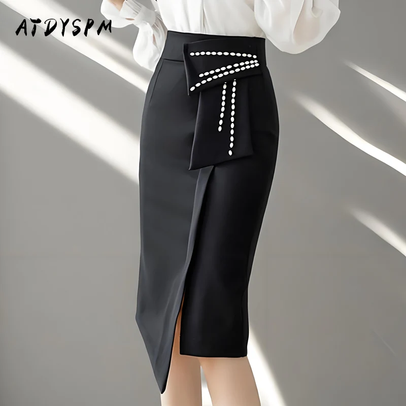 

Женские прямые юбки с бусинами, повседневные юбки средней длины с бусинами и высокой талией