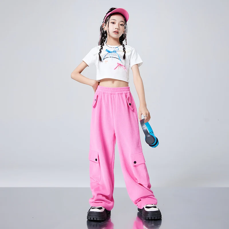Kids Hip Hop Clothing White Crop Tops Tshirt Streetwear Pink Cargo Pants Streetwear for Girl Jazz Street Dance Costume Clothes