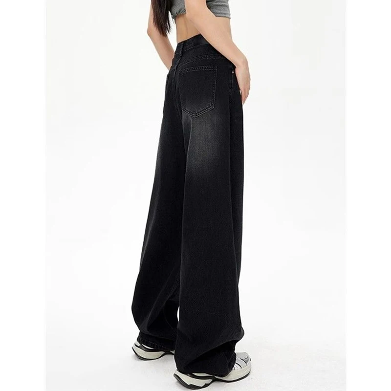 Lady Retro Black Gray High Waist Jeans Pants Women Fashion Straight Leg Denim Trousers Girls Loose Fit Thin Casual Pants