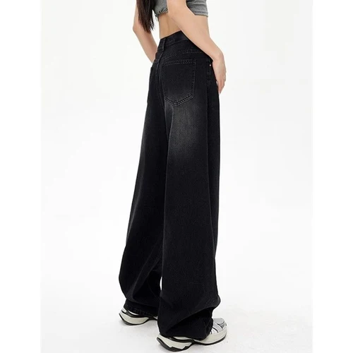 Imagen 2 del producto Pantalones vaqueros Retro negros y grises de cintura alta para mujer, pantalones vaqueros de pierna recta a la moda, pantalones informales finos holgados para niñas
